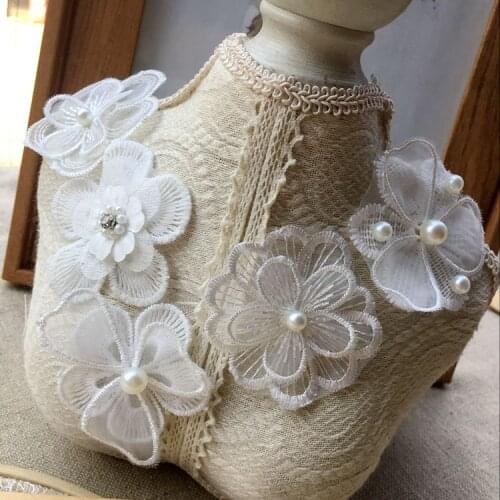 French 3D Flower Beaded Lace Fabric Applique For Wedding Dress Veil Diy Mesh Embroidery Patches Sew On Garment Accessories