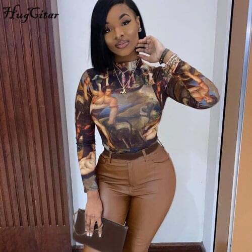Hugictar Vintage Print Long Sleeve Sexy Bodycon Bodysuit Autumn Winter Women Fashion Streetwear Outfits Romper Club Body