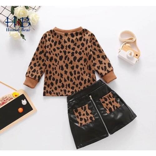 Humor Bear Girls Clothes Set Autumn Kid Leopard Long Sleeve Pullover Top Pu Leather Skirts 2pcs Toddler Outfits