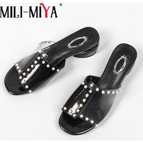 MILI-MIYA New Design Women Cow Leather Sandals Square Heels Round Toe Slip On Pvc Plus Size 34-43 Casual Street Summer Shoes