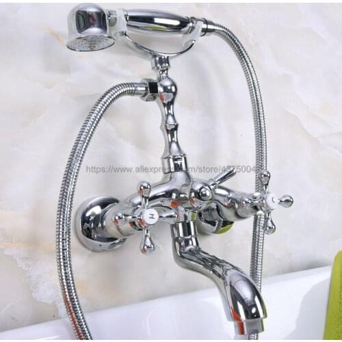 Wall Mounted Bathtub Faucet Double Handle Polished Chrome Mixer Tap Bath Shower Faucets With Hand Shower Nna198