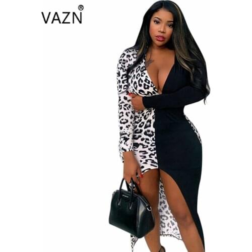 VAZN BN-010 new product 2019 summer sexy lady white -black patchwork dress full sleeve V-neck dress lady leopard vent sexy dress