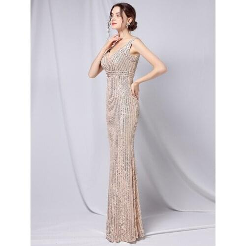 2021 New Women Gold Party Long Prom Dress Bodycon Maxi Dress Sexy V Neck Sequin Evening Dress
