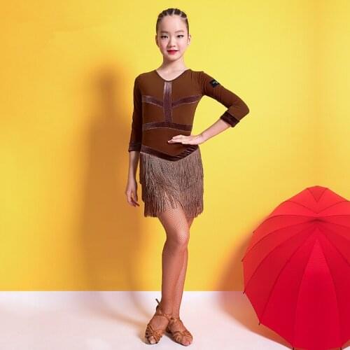 New tassel Latino girl fringe dress childrens professional Latin dance competition Velvet long sleeve dresses