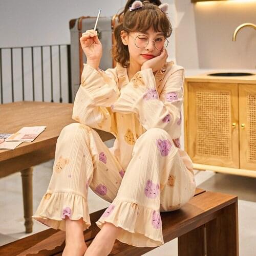 Autumn Womens Sleepwear Cartoon Lounge Pajama Set Long Sleeved Home Suit Pyjamas Woman M-3XL Nightwear Fashion Cotton Sleep Set