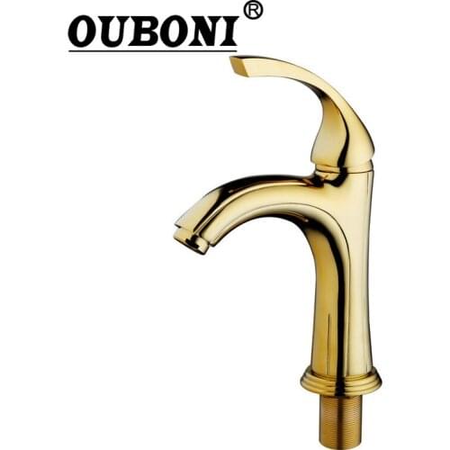 OUBONI Luxury Golden Brass Bathroom Basin Sink Mixer Tap Faucet Hot & Cold Mixer Deck Mounted Tap Bathroom Sink Brass Body