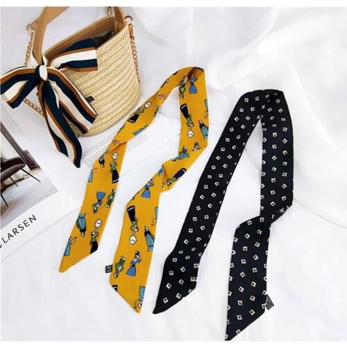 Beach shawl female fashion print ladies silk scarf turban tied bag wrapped handle ribbon wild slender streamer long hair band N7