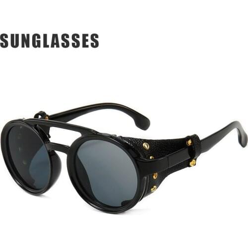 Round Frame Sunglasses Punk Style Fashion Sunglasses For Men And Women Personality Double Beam Inlaid Leather Glasses Pетро
