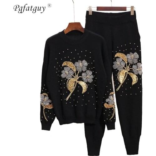 Autumn Winter Explosions Sportswear Flower Heavy Embroidery Beaded Fashion Sweater Knit Pants Suit Casual Womens Two-piece Suit