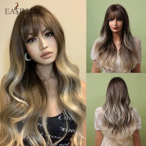 EASIHAIR Long Brown to Light Blonde Wave Synthetic Wigs with Bangs Natural Hair Wigs for Women Daily Hair Wigs Heat Resistant