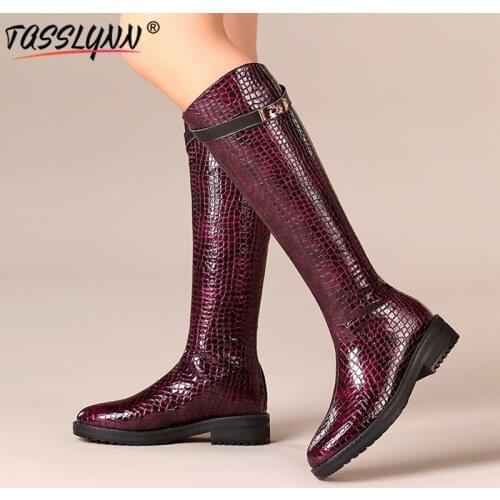 TASSLYNN 2019 Winter Leather Casual Women Shoes Zipper Platform Boots for Women Square Toe Heel Knee High Boots Big Size 34-42