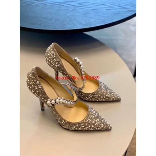Woman London Baily 100mm Pumps Calf Leather Goat Skin Crystal Metal 10cm Heels Strap Bailey Pearl Crystal Wedding Shoes New