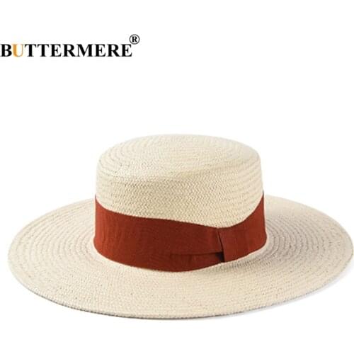 BUTTERMERE Ladies Hats For Summer Red Panama Sun Hat Women Ribbon Straw Hats Bowknot Holiday Beach 2020 Female Wide Brim Sun Cap