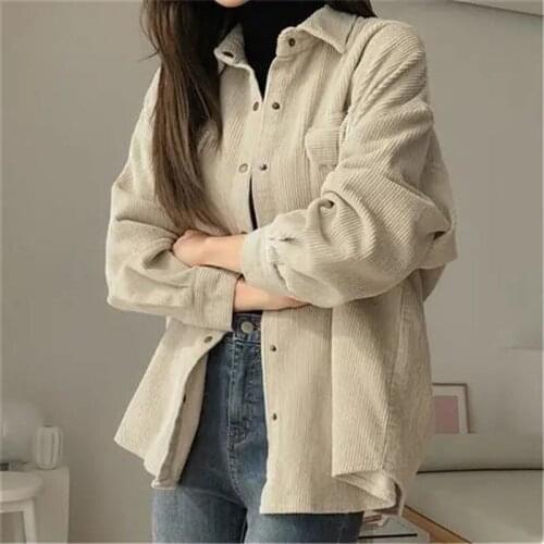 Korean Style Corduroy Jacket Women Casual Solid Single Breasted Turn Down Collar Long Sleeve Shirt Blouse Feminina