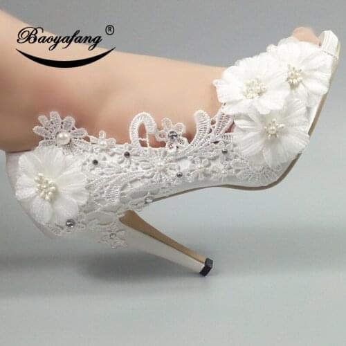BaoYaFang Big Flower White Wedding shoes Bride Peep Toe fashion shoes for woman New Ladies Party shoes free shipping