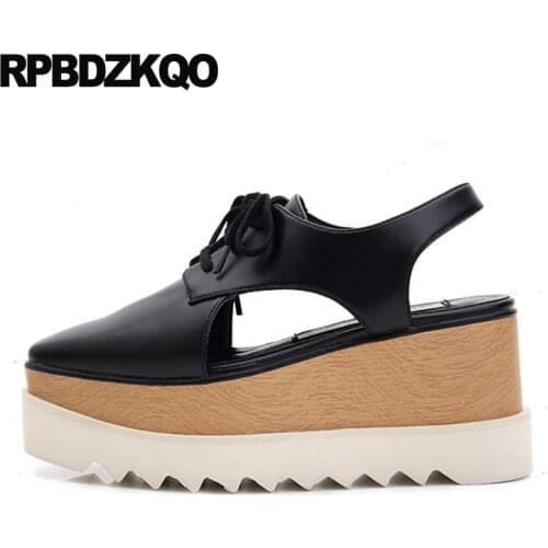 Flatform closed toe women silver 2019 high quality lace up pumps shoes genuine leather black wedge sandals heels platform luxury