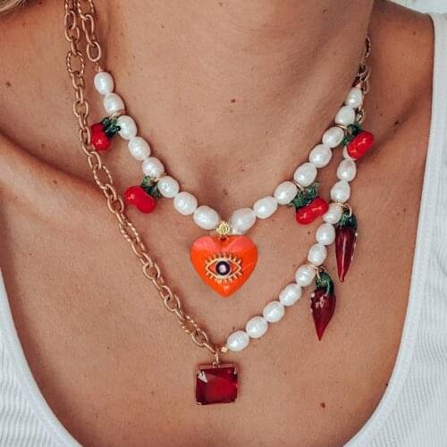 Lady Geometric sweet bohemian 2021 freshwater pearl necklace glass Red chilli cherry evil eye heart love pendant charm necklace