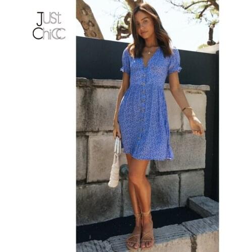 Justchicc Floral Print Button Summer Dress For Women V-neck Short Sleeve Mini Baech Dresses Casual Printing Holiday Vestidos