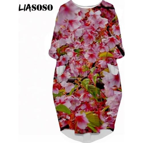 LIASOSO Beautiful Sakura Dress 3D Print Ladies Harajuku HipHop Fashion Loose Autumn Long Sleeve Pocket Over the Knee Dress Women