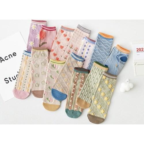 2021 Summer Vintage Flowers Print Socks Harajuku Japanese Style Kawaii Girl Breathable Low Tube Socks For Women Trend Socks