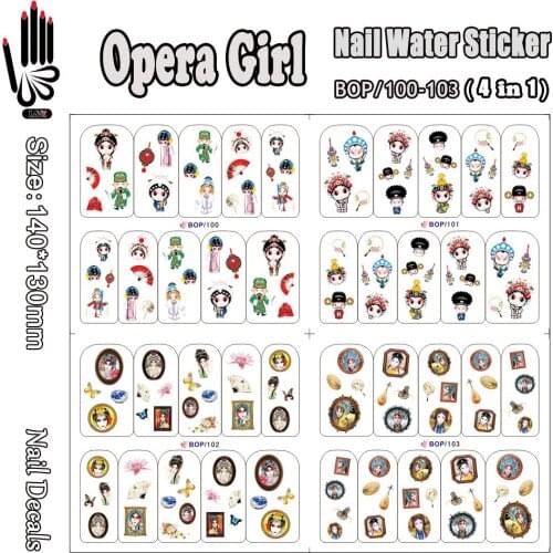 4 Sheets/Lot Nail Decal BOP100-103 Chinese Opera Girl Nail Art Water Sticker for Nail Art Accessory(4 DESIGNS IN 1)