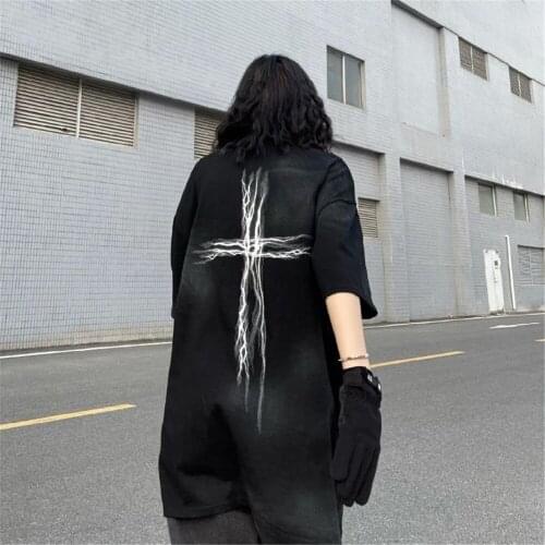 Cotton Cool Cross Summer Women Kpop T Shirt Black Funny Ladies Gothic Tops Tee Loose Harajuku Punk High Street T Shirts Girl