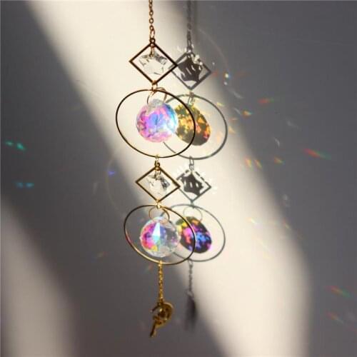 Crystal Wind Chime Pendant Sun Suncatcher Plated Metallic Hoop Colorful Beads Hanging Drop for Home Garden Window Wedding Decor