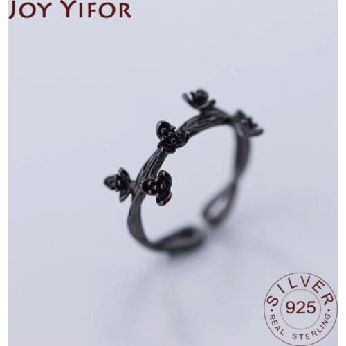 Real 925 Sterling Silver Black Plum Flower Opening Ring For Pretty Women Wedding Party Fine Jewelry Cute Gift