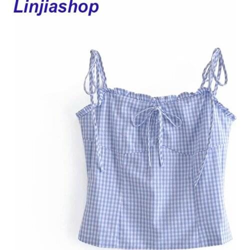 Fashion Summer Womens Tube Top Vintage Casual Vest Blue And White Plaid Elastic Back Short Camisole Tops All-Match