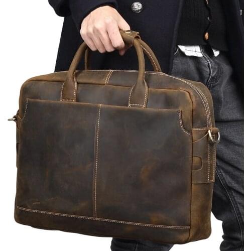 Limited Edition Crazy Horse Leather Men Handbag 15" Laptop Bag Genuine Leather Vintage Briefcase