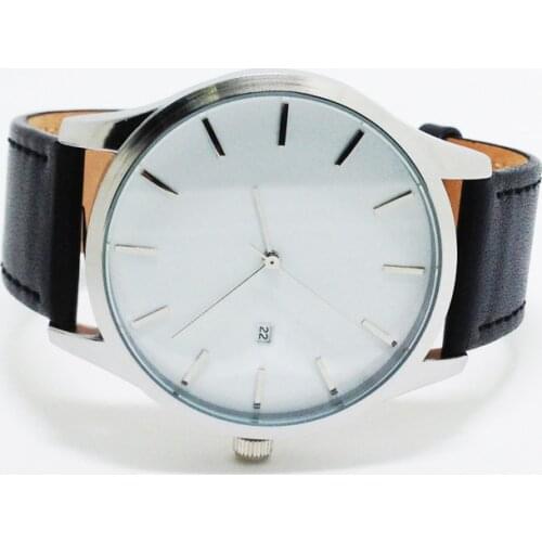 New design men watch silver case leather strap japan date movement simple design relojes de los hombres