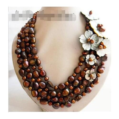 4Strands 19'' 12mm Coffee Baroque Shell Flower Freshwater Pearl Necklace