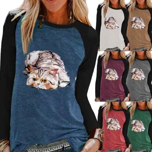 Autumn Women Raglan Long Sleeve Round Neck Pullover Loose Casual T-shirt Fashion Cute Cat Printing Plus Size Tops-tees XS-5XL