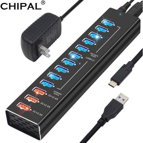 CHIPAL 10PCS USB 3.0 Hub Splitter USB 2.0 5V 2.4A Fast Charging with LED Indicator Type-B Type-C Cable for Macbook Pro PC Laptop