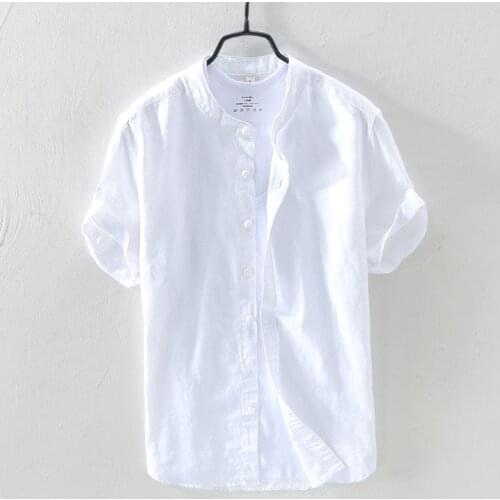 Men Summer Spring Solid color white Short sleeve Shirts Fashion Male Cotton Linen Casual Dress Shirt Camisa Masculina 4XL