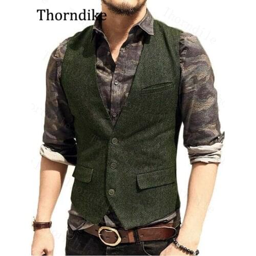 Thorndike Custom Made V-Neck Wool Herringbone Tweed Casual Waistcoat 2021 Mens Suit Vest Groom Wedding Formal Business Vests