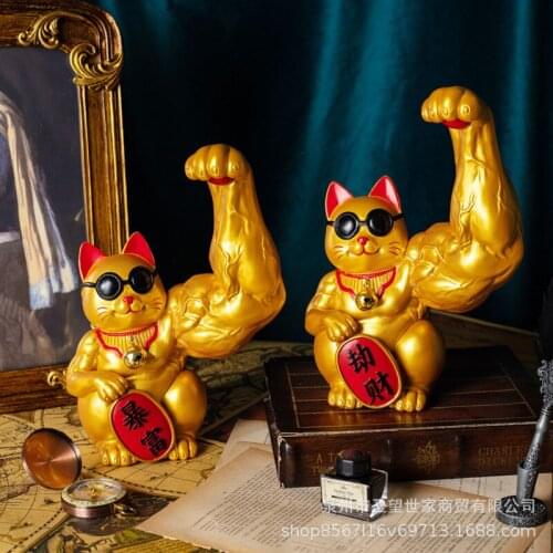 Modern Strong Arm Muscle Cat Sculpture Resin Abstract Cartoon Cute Animal Statue Birthday Gift Wine Cabinet Bookcase Decoration