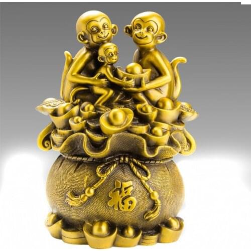 Navidad suerte China bronce Fengshui riqueza yuanbao dinero moneda Zodiaco 3 estatua de mono halloween