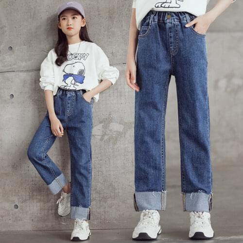 Spring Children Jeans 2021 Clothes for Teenagers Fashion Loose Turnup Solid Girls Trousers Autumn Kids Casual Pants 6 8 10 12Yrs