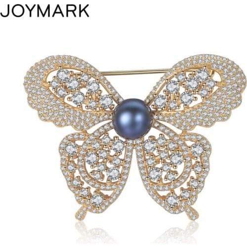 JOYMARK Elegant Gray and Black Natural Freshwater Pearl 925 Sterling Silver Cubic Zirconia Butterfly Brooches For Women JPPB204
