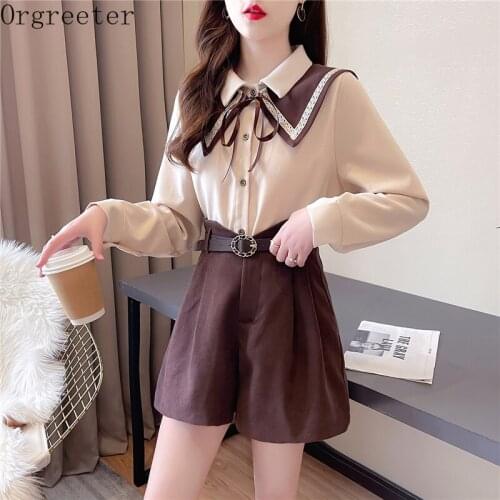 Preppy Style Shirt Shorts Female Suits 2021Spring Sailor collar Shawl Chiffon + High Waist Wide-Leg Shorts 2 Piece Set With Belt