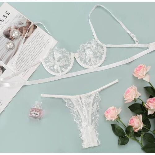 Women Butterfly Embroidery Lingerie Set See Through V-neck Bra+Elastic Waist Panties Exotic Sets