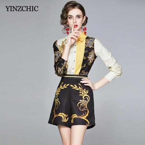 Early Autumn Woman 2pcs Suit Vintage Printed Blouse Pants Set Suit for Office Lady Female Casual Shirt Short Pants