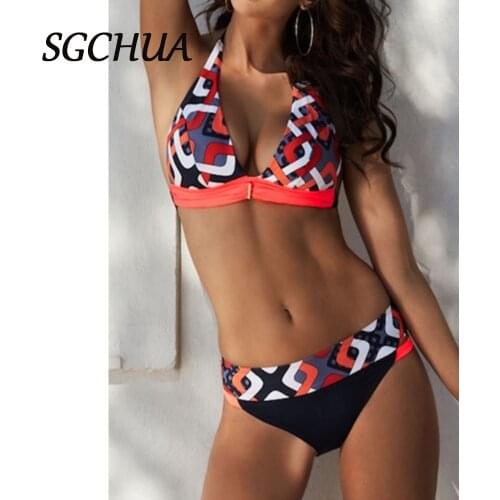 SGCHUA Sexy Striped Tether Neck And Halter Neck Swimwear Low Waist Two Pieces Bikini Patchwork Thong Swimsuit Women 2020