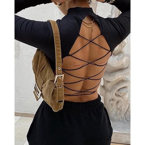 2020 Women Fashion Elegant Sexy Mock Neck Long Sleeve Black Solid Autumn Woman Top Lace-up Backless Solid Crop Top