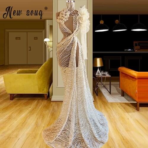 High Neck Full Beading Light Champagne Prom Dress 2021 Sexy Split Side Illusion Evening Gowns Birthday Party Wear for Women