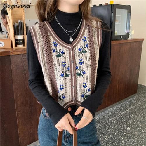 Sweaters Vest Women Embroidery Single Breasted V-neck Hollow Out Patchwork Sweet Vintage Girls Knitting Art Retro Waistcoat New