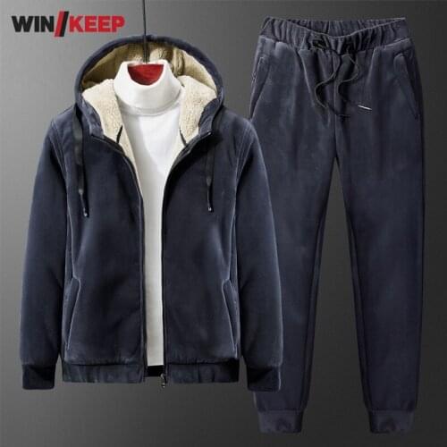 Winter Mens Tracksuit Outdoor Thick Warm Lamb Wool Liner Running Sports Sets Male Hooded Jacket Sweatpants Two Piece Outfits
