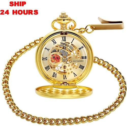Gold Skeleton Mechanical Pocket Fob Watch Vintage Pendant Watch Necklace Clock Chain Pocket Watches Ship 24 Hours