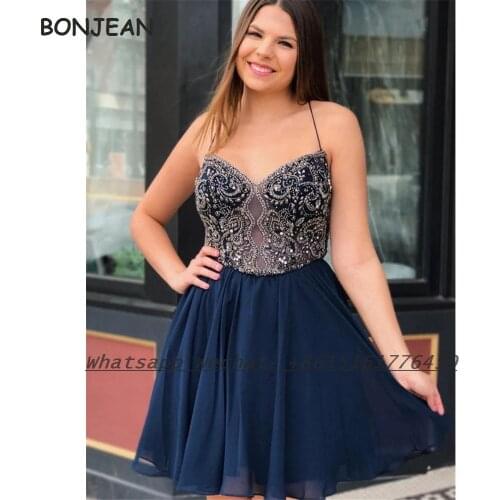 2021 Short Evening Dress Navy Beads Knee Length Backless Elegant Plus Size MIni Evening Prom Party Gowns